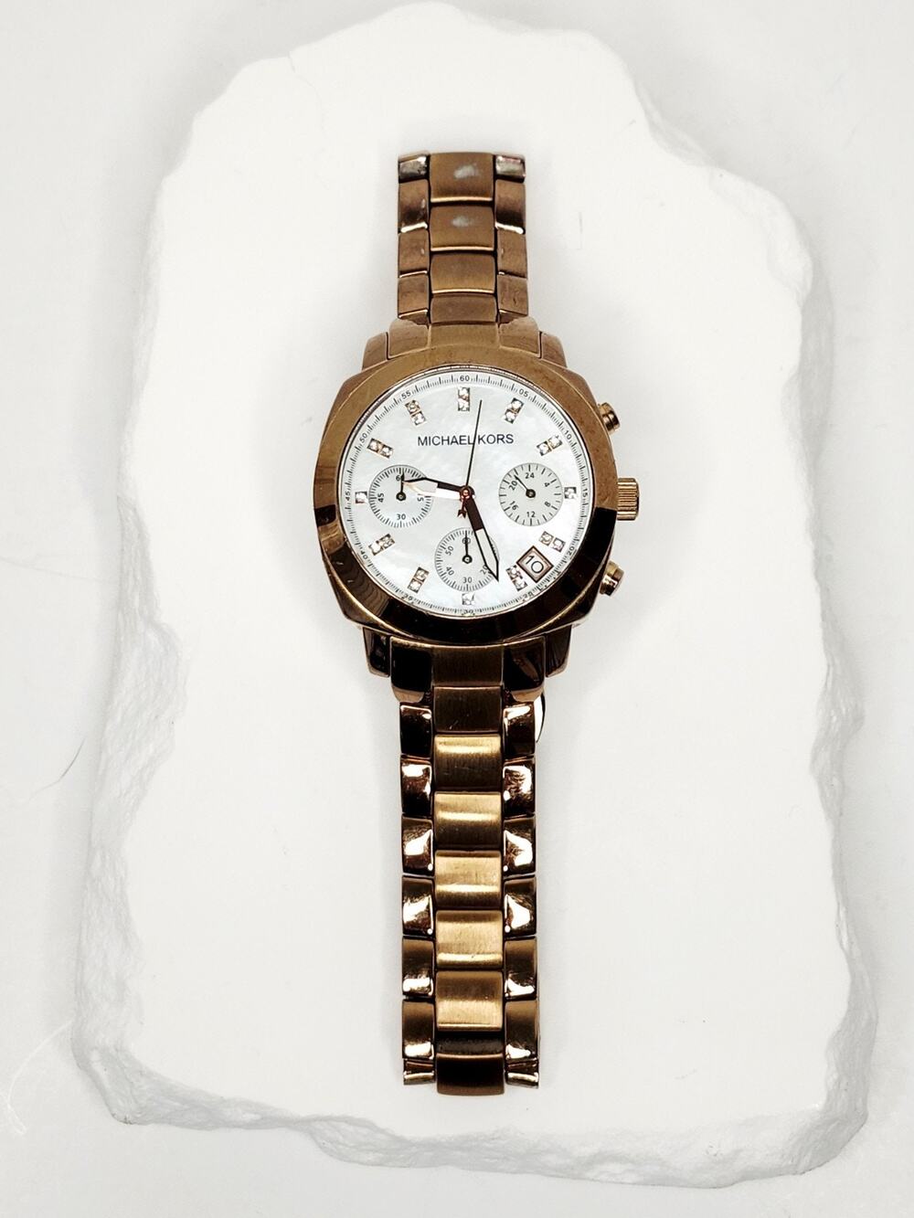 Michael Kors Rose Gold MOP Dial Crystal Chronograph Watch MK5336 New Battery